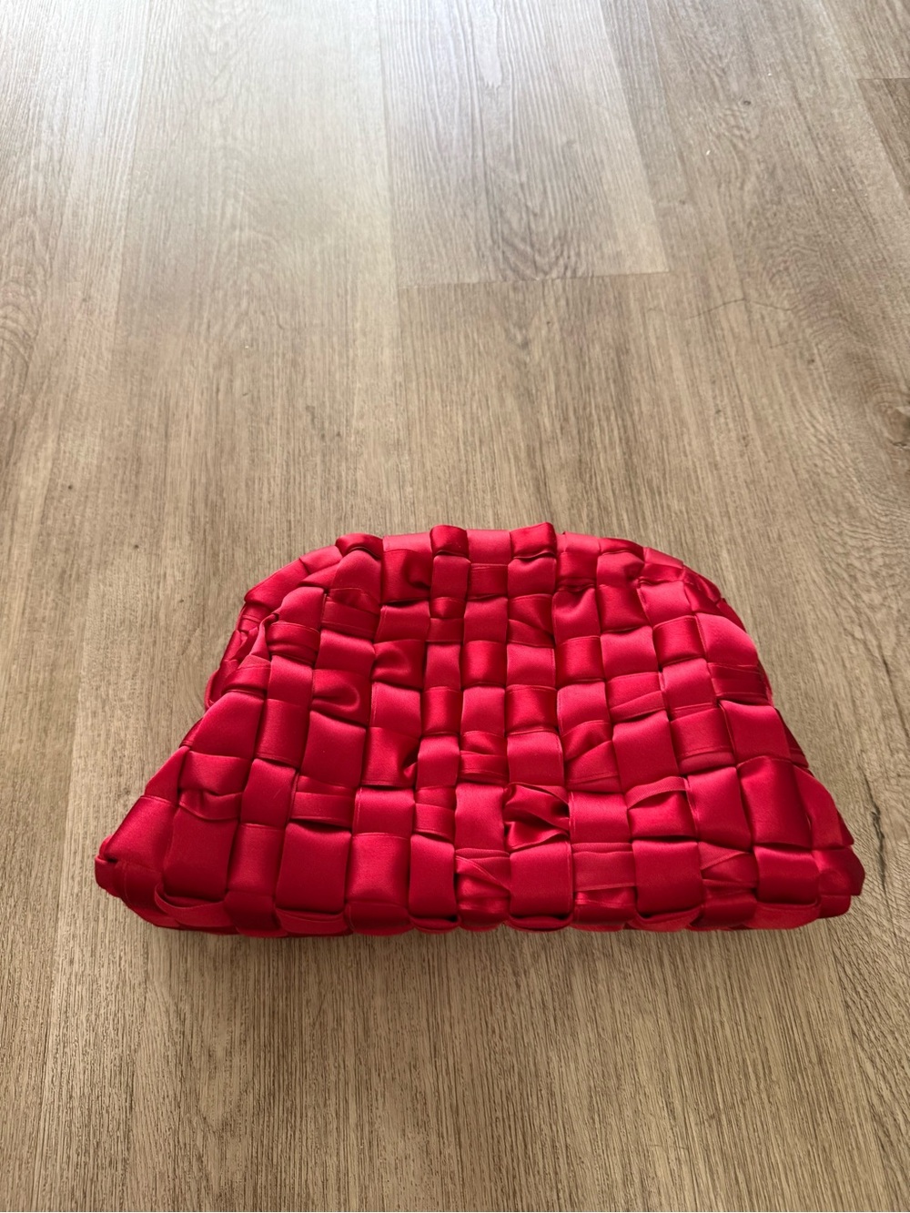 maria la rosa red satin hand woven clutch bag purse metal chain detail NEW